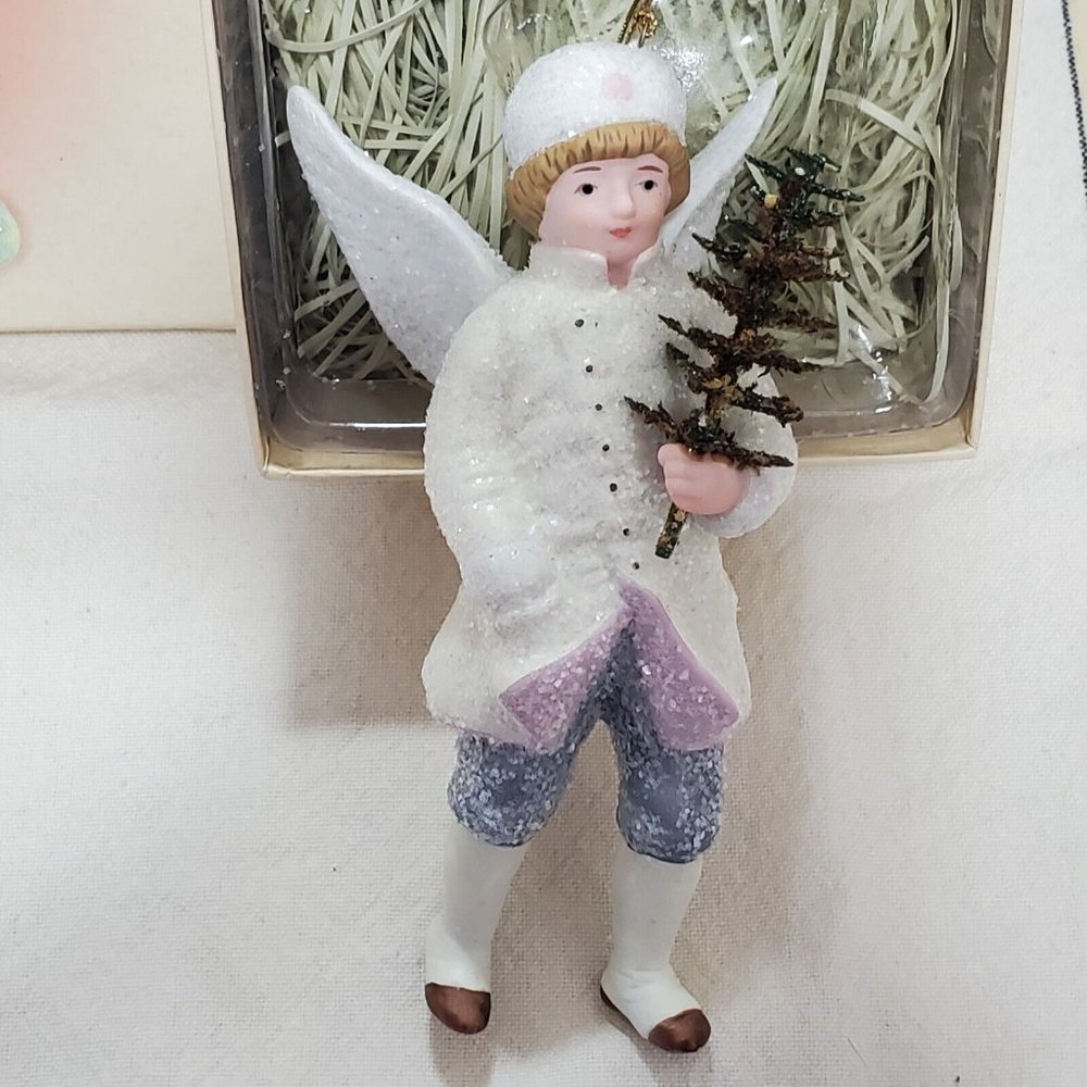 Victorian Glitter Winter Angels Porcelain Ornament Christmas decor boy 5.5" - Picture 5 of 12
